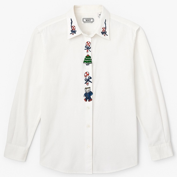 White Embroidered Holiday Button Down Shirt - Picture 1 of 6